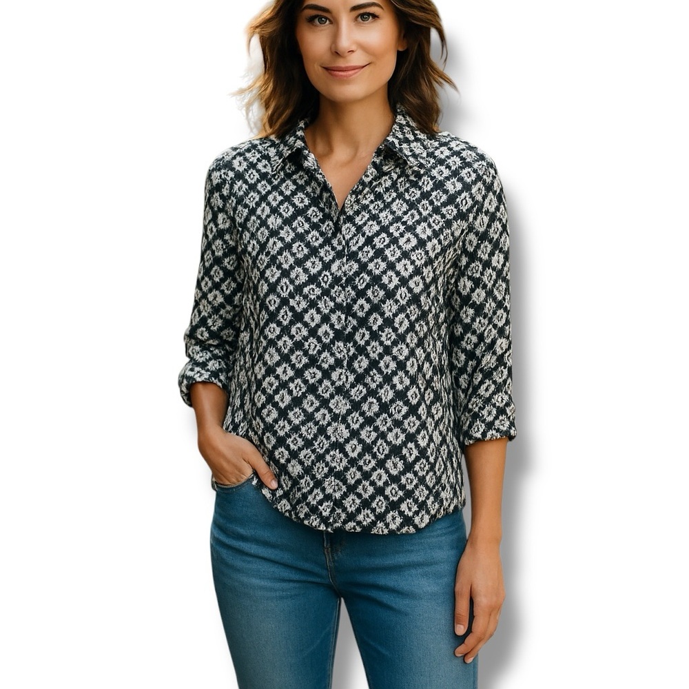 Cathy Daniels Women Long Sleeve Abstract Pattern Button-Up Shirt Black/White XXL